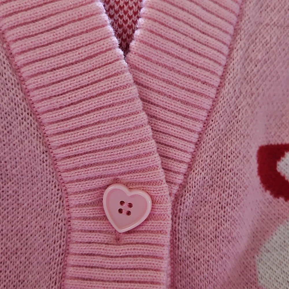 SWEET SOCIETY Pink Mushroom Cardigan with Heart Buttons - L